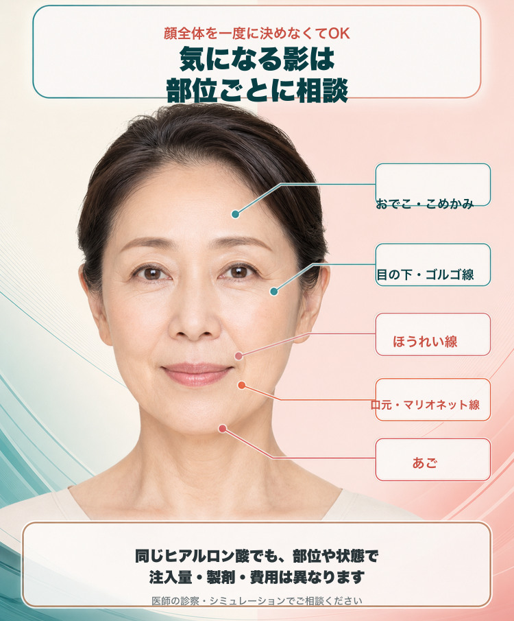 気になる影は部位ごとに相談。おでこ、目の下、ほうれい線、口元、あご