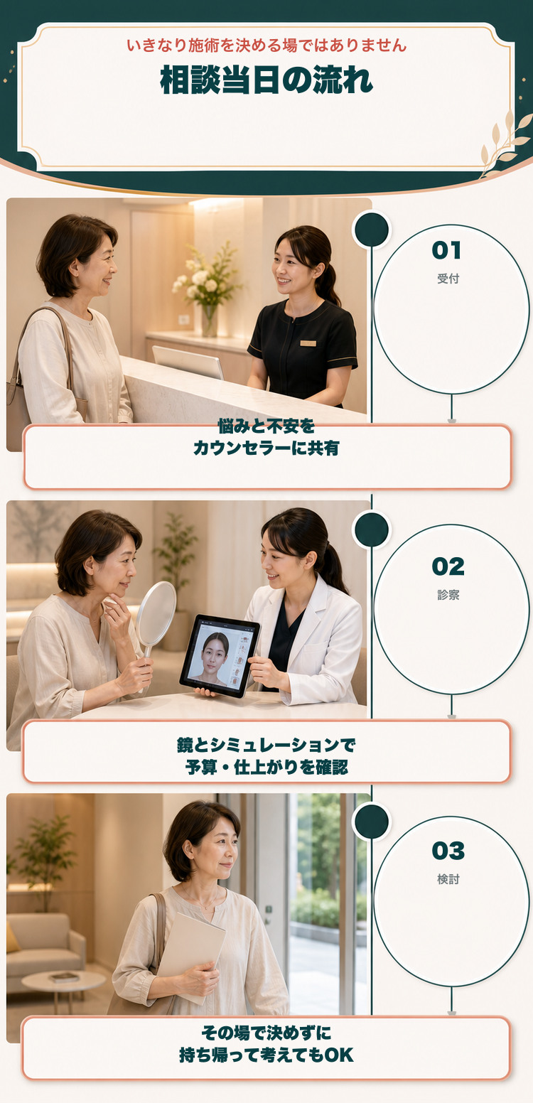 相談当日の流れ。受付、診察とシミュレーション、持ち帰って検討
